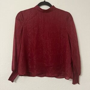 BB Dakota Red Sheer Shimmer Mock Neck Blouse Size Small | Holiday Party Top